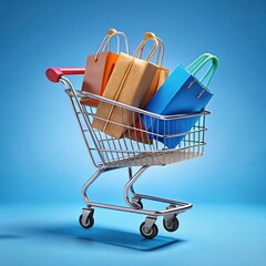Shopping cart full of colorful paper bags against a solid blue background