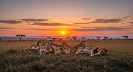 Lion Pride at Sunset - A Serene African Wildlife Scene.