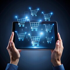 Tablet displaying glowing shopping carts held in hands, dark background