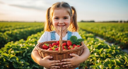 Little Girls Joyful Strawberry Harvest in a Lush Green Field.