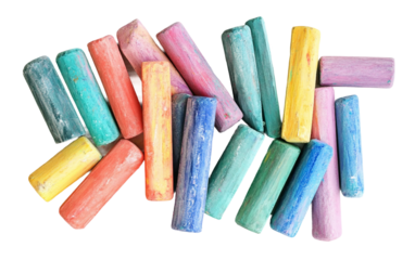Top view of creative tools for kids including colorful chalks paints and craft supplies designed for playful learning and artistic exploration isolated on transparent background PNG