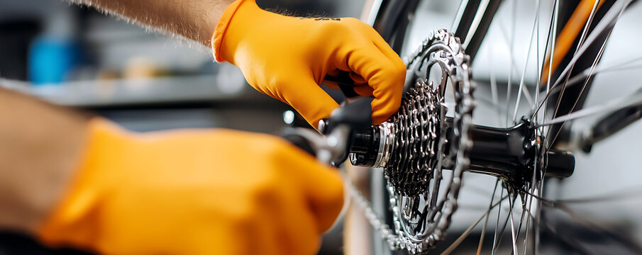 Bicycle Repair: Close-up of a mechanic's gloved hand servicing the chain and gears of a bicycle for maintenance and performance enhancement.