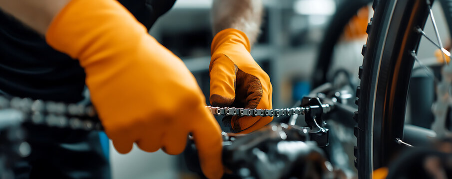 Mechanic repairs the bicycle chain while wearing orange gloves. Service of mountain bikes, repair shop. Preventative maintenance. Chain.