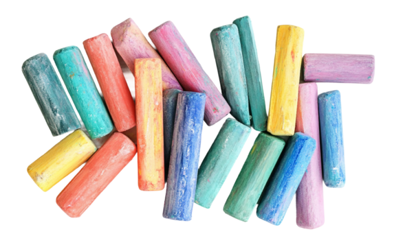 Top view of creative tools for kids including colorful chalks paints and craft supplies designed for playful learning and artistic exploration isolated on transparent background PNG
