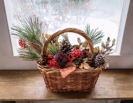 Wicker basket with pine cones and berries bringing festive cheer to winter window