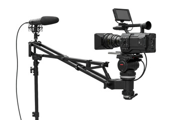 High-end matte black broadcast video camera with prime lens on sleek carbon fiber jib arm, studio microphone, monitor, transparent background. Concept of cutting-edge technology