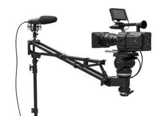 High-end matte black broadcast video camera with prime lens on sleek carbon fiber jib arm, studio microphone, monitor, transparent background. Concept of cutting-edge technology