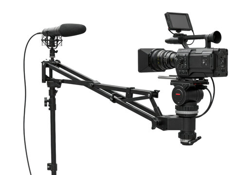 High-end matte black broadcast video camera with prime lens on sleek carbon fiber jib arm, studio microphone, monitor, transparent background. Concept of cutting-edge technology