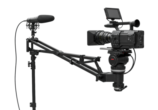 High-end matte black broadcast video camera with prime lens on sleek carbon fiber jib arm, studio microphone, monitor, transparent background. Concept of cutting-edge technology