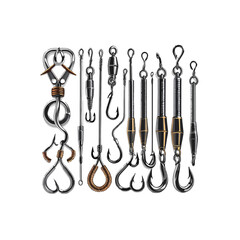 Vector Illustration: Fishing Tackle Set with Swivels and Hooks
