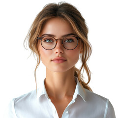 Obraz premium Young businesswoman in white collar shirt and glass isolated on a transparent background