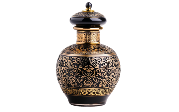 Ornate oud perfume container showcasing cultural elegance sophistication and the artistry of traditional scent making isolated on transparent background PNG