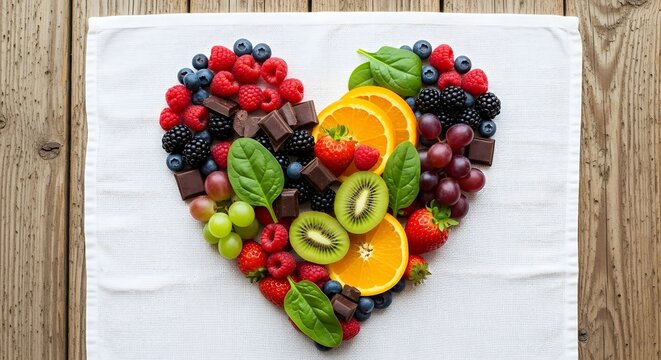 Heart shaped fruit and chocolate arrangement on white cloth healthy eating fresh organic food nutrition - Powered by Adobe