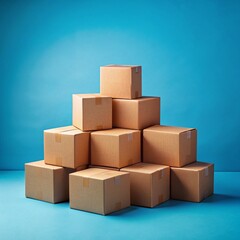 Obraz premium Stacked brown cardboard boxes. Storage solutions, packaging, and moving concepts on bright blue background
