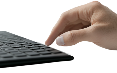 Professional translator using keyboard and voice recognition tool highlighting digital translation workflow and multilingual work efficiency isolated on transparent background PNG