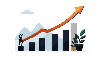 Businesswoman climbing a graph, showing upward trend