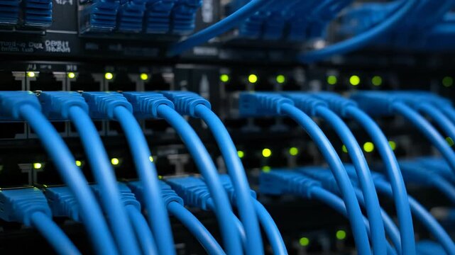 Blue ethernet cables are plugged into a data center switch. A professional close-up of network connectivity and transfer. Infrastructure, IT solutions, technology.