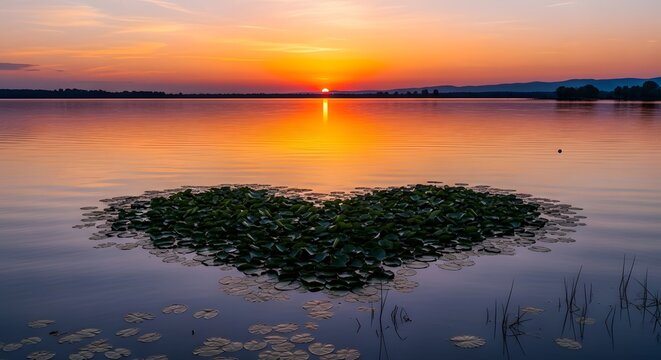 Sunset lake water lilies heart shaped nature landscape reflection peaceful orange sky scenic beauty calm - Powered by Adobe