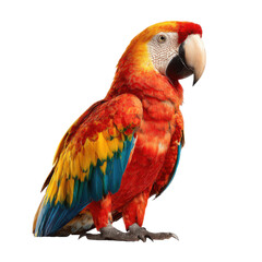 Obraz premium Vibrant scarlet macaw parrot with red yellow and blue feathers perched and isolated on transparent background