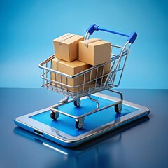 Shopping cart filled with boxes sits on a digital tablet against a blue background