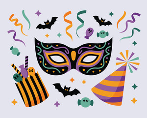 Obraz premium Festive halloween party elements with mask confetti and bats
