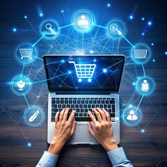 Online shopping hands typing on laptop with glowing icons surrounding