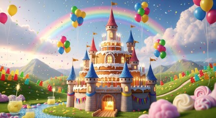 Magical Candy Castle with Rainbow and Balloons.