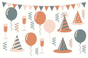 Festive birthday party decorations with balloons hats and champagne glasses