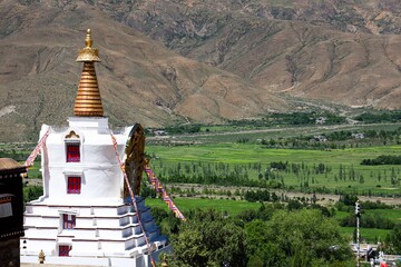 Majestic white stupa of Mindrolling Monastery rises above lush green fields with a backdrop of...
