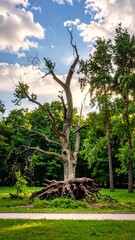 Majestic, decaying oak in a park