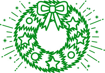 Green Christmas Wreath with Stars and Bow Outline on White Background line art