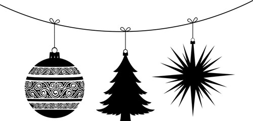 Silhouette of Christmas ornaments and tree hanging on a string decoration holiday