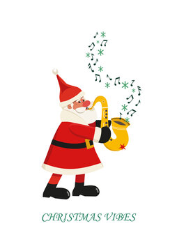 Christmas Vibes cute minimal design hand drawn image. Funny Santa playing Christmas melody on sax cartoon design element illustration. Winter holidays season live music concert event background