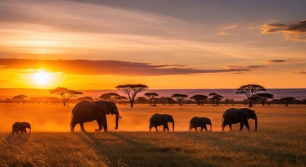 Majestic Elephant Herd Walking Across the Serengeti at Sunset.