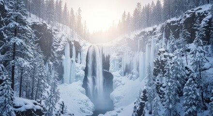 Majestic Frozen Waterfall Surrounded by Snow Covered Pine Trees.