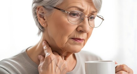 Senior woman with glasses touches her throat holding a warm beverage possibly feeling unwell