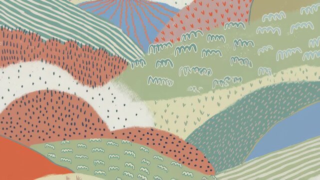 Colorful abstract landscape with wavy patterns viewed from a high angle, resembling a playful, hand-drawn style. Ideal for a creative video backdrop. Live desktop wallpaper.