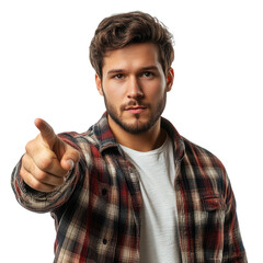 Fototapeta premium Young man pointing at camera isolated on a transparent background