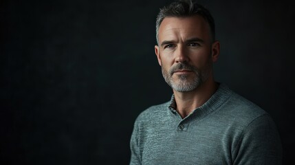 Fototapeta premium Portrait of a Mature Man with a Beard in a Dark Setting, Exuding Confidence and Wisdom