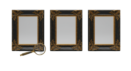 Three ornate vintage baroque frames with golden gilded carvings, empty copy space, and a small magnifying glass on a seamless transparent studio background. Refined craftsmanship and luxury concept
