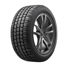 Obraz premium A detailed close up of a modern car tire with a sleek alloy wheel showcasing its deep tread pattern and robust construction isolated on transparent background