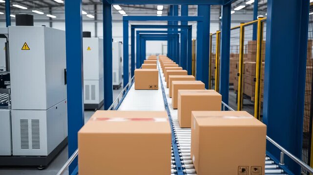 Boxes on conveyor belt in factory. A shot of distribution and automation. Supply chain efficiency, modern logistics.