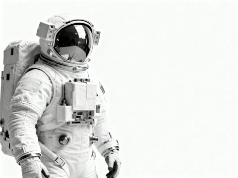 A monochromatic image of an astronaut in a white space suit, standing against a stark white background, evoking a sense of isolation and exploration.