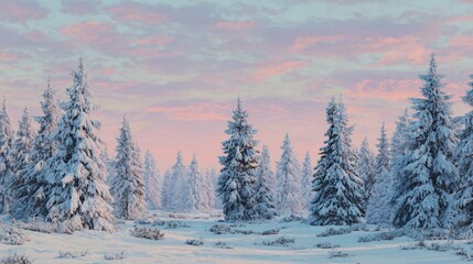 Obraz premium Snow covered evergreen trees in a winter landscape with a colorful sky.