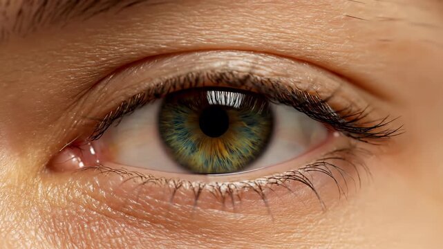 Close-up of a human eye with green and brown iris. A detailed macro shot of the eye and eyelashes. Health concept, vision, beauty.