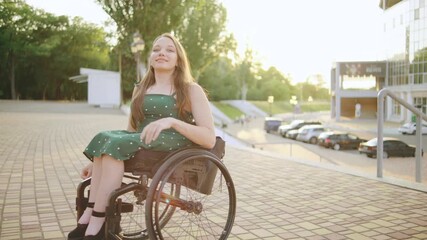 Inclusive Woman in wheelchair enjoying a sunny day outdoors, smiles and laughs together at a local park - Powered by Adobe