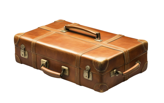 Vintage brown leather suitcase isolated on white highlighting classic travel style, durability, and timeless design isolated on transparent background PNG