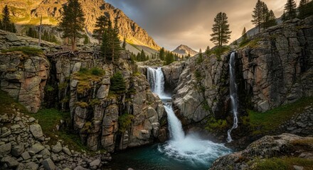 Majestic Mountain Waterfall Landscape.