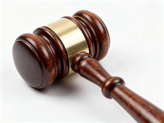 A detailed view of a polished wooden gavel featuring a golden metal band, symbolizing justice and authority in a courtroom setting.