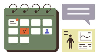 Calendar with marked dates, speech bubble for collaboration, and card with user stats and charts. Ideal for planning, scheduling, teamwork, analytics, time management, communication simple flat